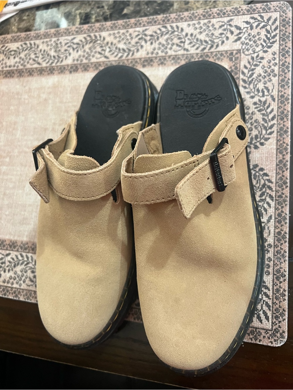 Dr. Martens Tan Suede Women's Clog Mules with Adjustable Strap